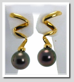 8.6MM Round Tahitian Pearl Designer Earrings 14K Yellow Gold