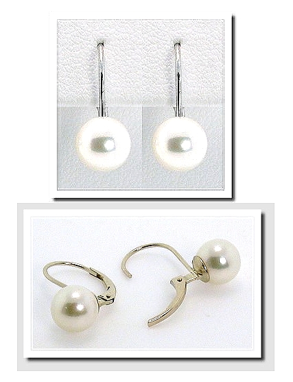 7.5-8MM White Akoya Pearl Leverback Earrings 14K White Gold