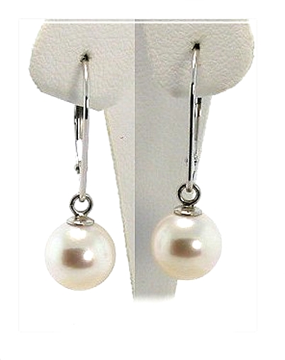 AAA 8-8.5MM White Akoya Pearl Dangle Earrings 14K White Gold Leverbacks