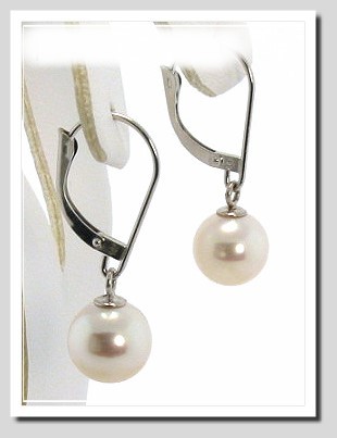 AAA 8-8.5MM White Akoya Pearl Dangle Earrings 14K White Gold Leverbacks