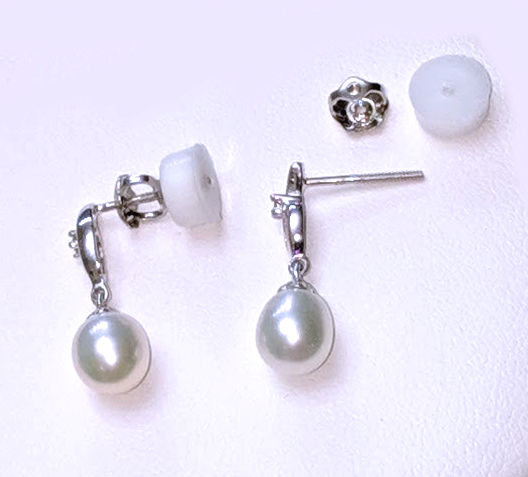 6X7MM White Freshwater Pearl Diamond Earrings, 14K White Gold