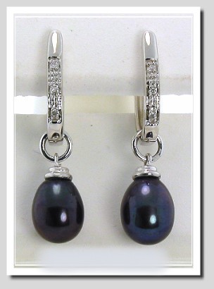 AAA 7X8MM Black FW Pearl & Diamond Chaim Earrings 14K White Gold