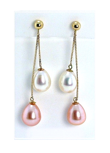 AAA 7X8MM Multi Pink White FW Pearl Dangle Earrings 14K  Gold
