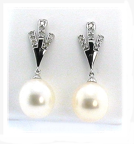 AAA 9X10MM White FW Pearl Diamond Dangle Earrings 14K White Gold