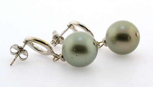 11.4MM Silver Gray Tahitian Pearl Dangle Earrings, 14K White Gold