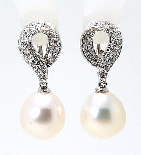 11.3X12.5MM White South Sea Pearl Diamond Omega Clip Earrings;18K Whi