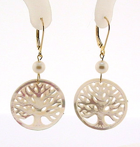 Tree Of Life Earrings, Akoya Pearl & Mother Of Pearl Carving, 14K Gold 