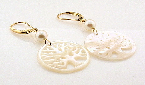 Tree Of Life Earrings, Akoya Pearl & Mother Of Pearl Carving, 14K Gold 