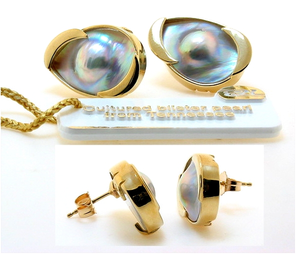 All-American Blister Pearl Earrings, 12.5X17.5MM, Pear Shape, 14K Yel