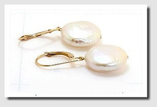 13-14MM White Coin Freshwater Pearl Dangle Earrings 14K Gold Leverbacks