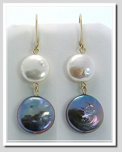 11-13MM White Black Coin Pearl Dangle Earrings 14K Yellow Gold Leverbacks