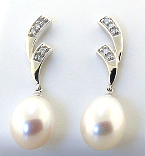 AAA 8X10MM FW Pearl & Diamond Earrings 14K White Gold