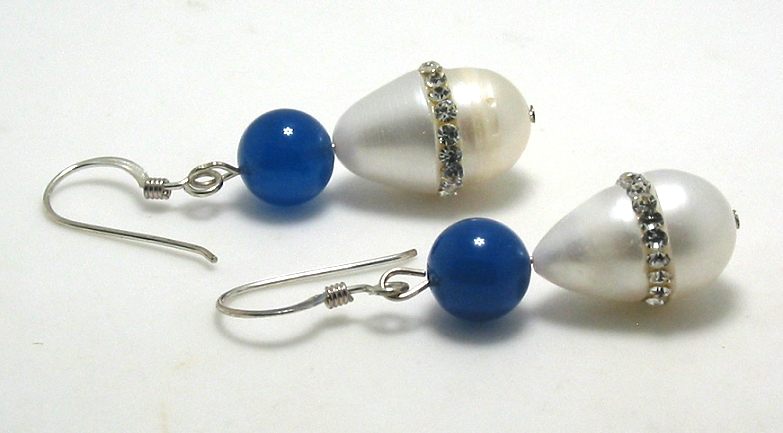 10X16MM Freshwater Crystal Pearl & Blue Bead Earrings, Silver French Wires