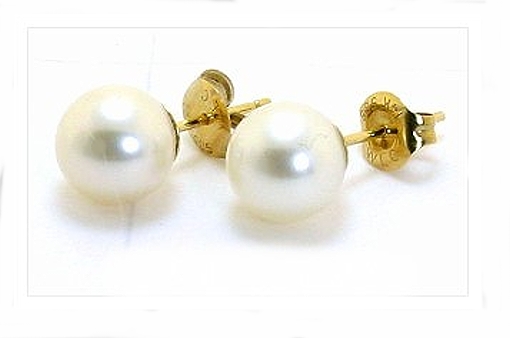AAA Grade 8-8.5MM White Freshwater Round Cultured Pearl Earring Studs 14K Yellow Gold