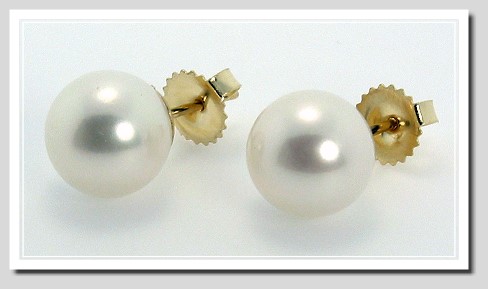 AAA 10-10.5MM White Round Freshwater Pearl Earring Studs, 18K Gold