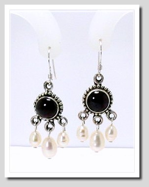 Dark Red Garnet & Freshwater Pearl Dangle Earrings Silver Leverbacks