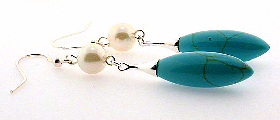 7-7.5MM White Akoya Pearl & Turquoise Dangle Earrings, Silver