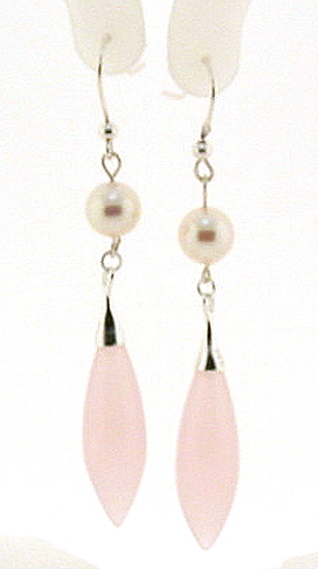 7-7.5MM White Akoya Pearl & Pink Rose Quartz Dangle Earrings, Silver