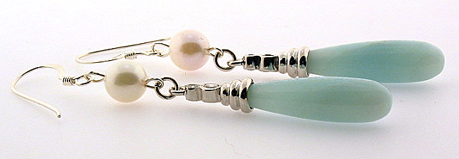 7-7.5MM White Akoya Pearl & Light Green Quartz Dangle Earrings, Silver