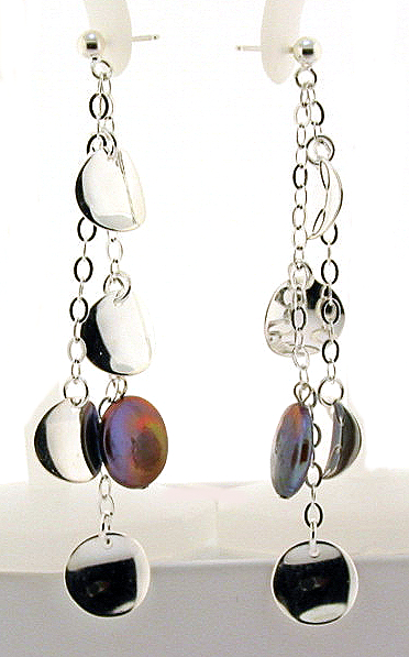 13MM Black Freshwater Coin Pearl & Disc Dangle Earrings, Silver