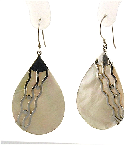 Designer Mother Of Pearl Dangle Earrings, Silver, 1.9in Long