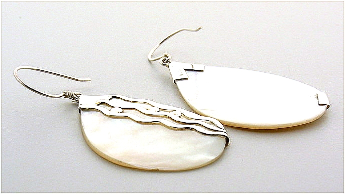 Designer Mother Of Pearl Dangle Earrings, Silver, 1.9in Long