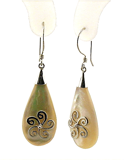 Designer Mother Of Pearl Dangle Drop Earrings, Silver, 1.6in Long