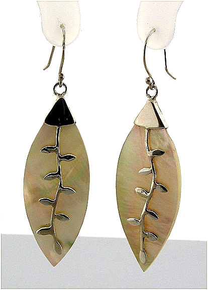 Designer Mother Of Pearl Dangle Earrings, Silver, 2.2in Long