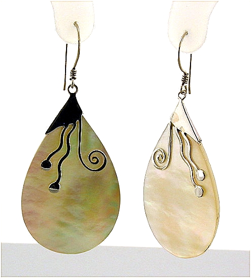 Designer Mother Of Pearl Dangle Earrings, Silver, 2in Long