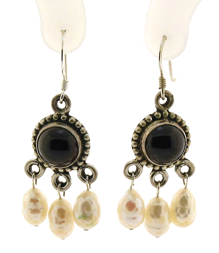 Garnet & Multi White Pearl Dangle Earrings, Sterling Silver, 1.7in Long