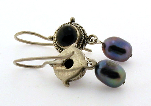 Black Onyx & Black Pearl Dangle Earrings, Sterling Silver, 1.3in Long