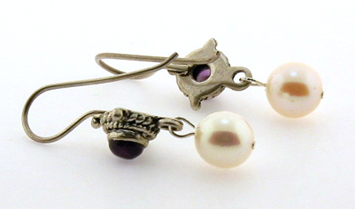 Amethyst & White Pearl Dangle Earrings, Sterling Silver, 1.3in Long