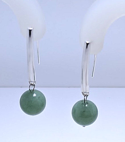 10MM Green Agate Bead Dangle Earrings, Sterling Silver Bar Settings, 1.5in Long