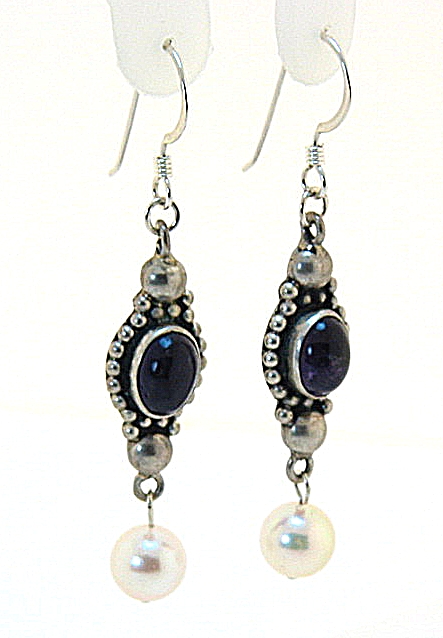 7-7.5MM Akoya Pearl & Amethyst Stone Dangle Earrings, Silver, 2in Long