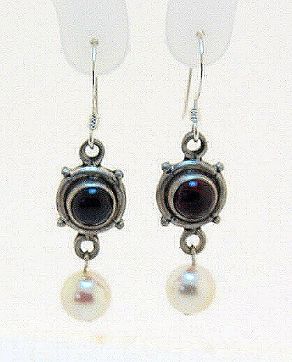 7-7.5MM Akoya Pearl & Garnet Stone Dangle Earrings, Silver, 1.5in Long