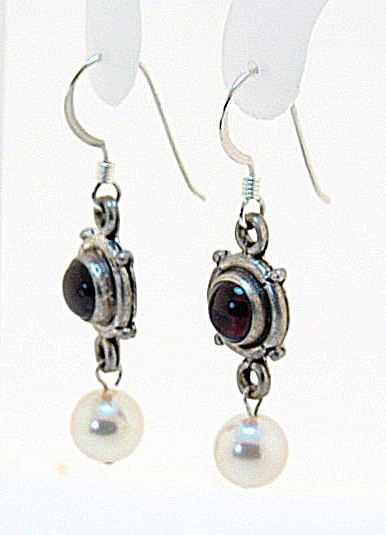 7-7.5MM Akoya Pearl & Garnet Stone Dangle Earrings, Silver, 1.5in Long