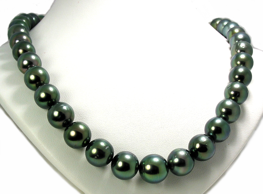 10MM - 12.9MM Peacock Tahitian Pearl Necklace 14K Diamond Ball Clasp