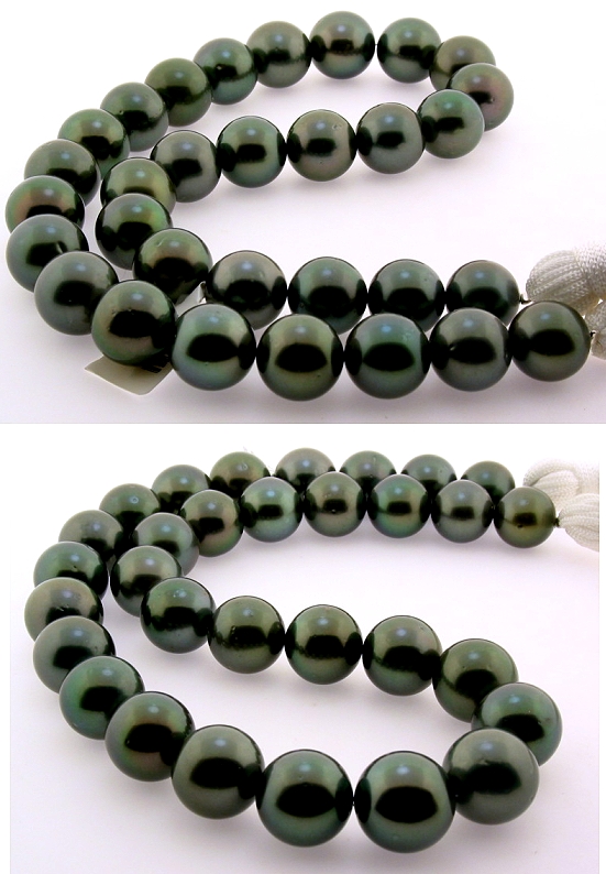 12MM - 14.8MM Gray/Green Tahitian Pearl Necklace 14K Diamond Clasp 18in