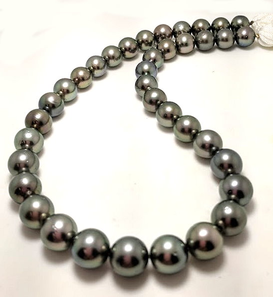 10MM - 12MM Gray/Green Tahitian Pearl Necklace, 14K Diamond Clasp 17in