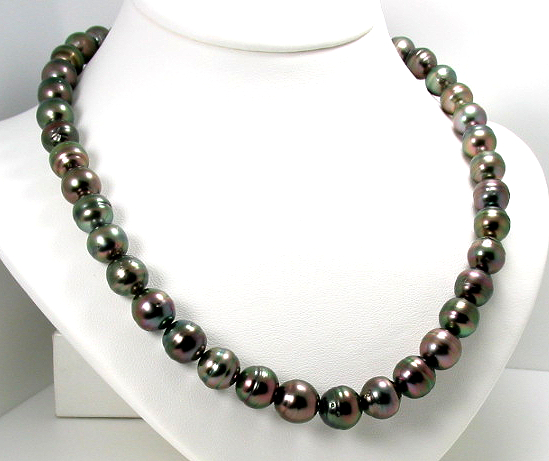 9MM - 10.8MM Dark Gray/Red Tahitian Pearl Necklace 14K Clasp 18in