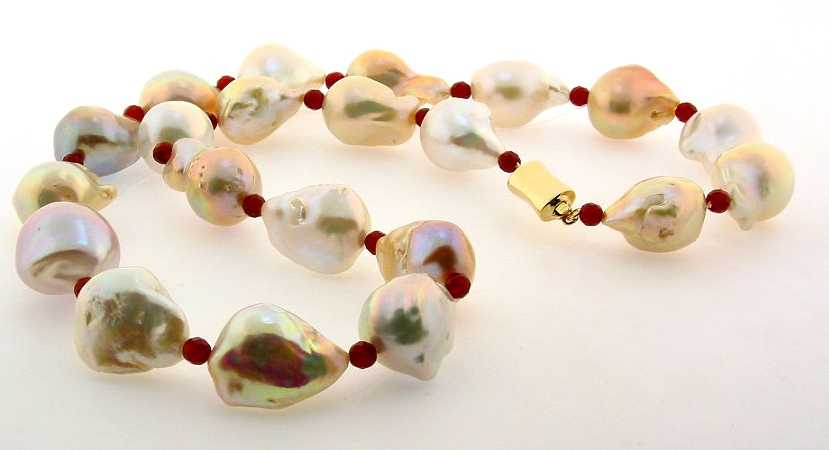 14X19MM - 17X20MM Multi Color Freshwater Pearl & Red Crystal Necklace 14K Clasp 20.5in