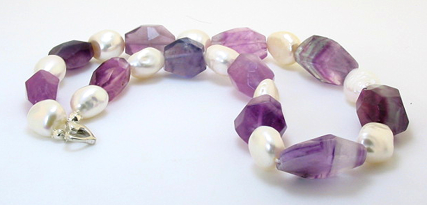 11X12MM White FW Pearl & 12X18MM Natural Amethyst Bead Necklace Silver Clasp 17in