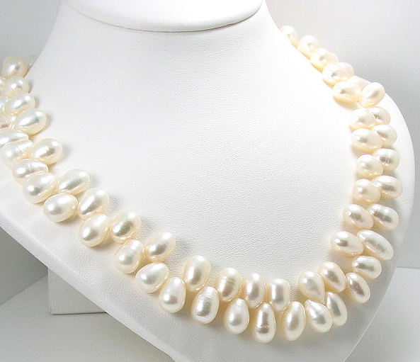 7.5X10MM White Tip Drilled Freshwater Pearl Necklace Gold File Clasp 17"