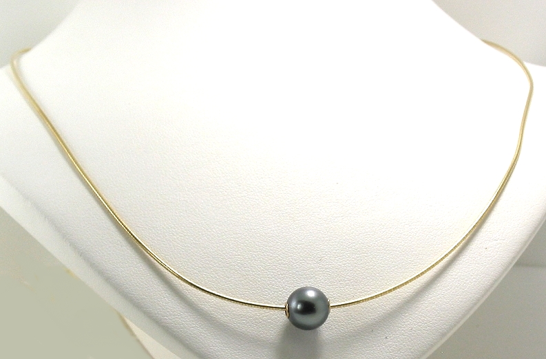 9MM Dark Gray Tahitian Pearl Slide on Omega Chain, 14K Yellow Gold, 18in