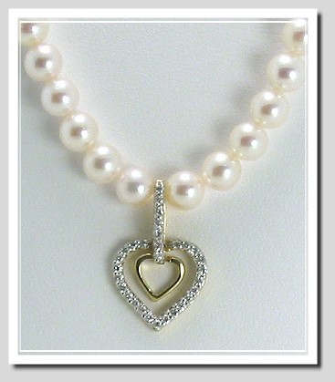 5-5.5MM Akoya Pearl Necklace with 0.25 Ct. Diamond Double Heart Pendant 14K Gold 16in.