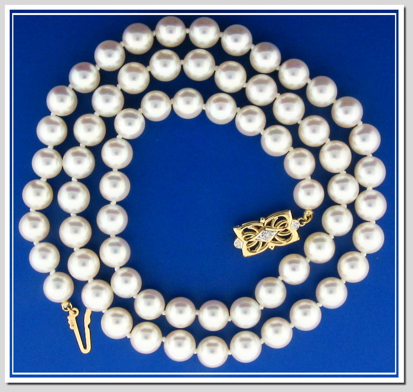 AAAA Grade 8-8.5MM Japanese Akoya Cultured Pearl Necklace 18K Diamond