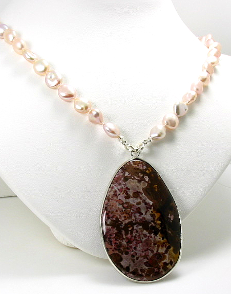 7X8MM Multi Color FW Pearl Necklace 18in w/ 1.3X2.1in Natural Jasper Pendant