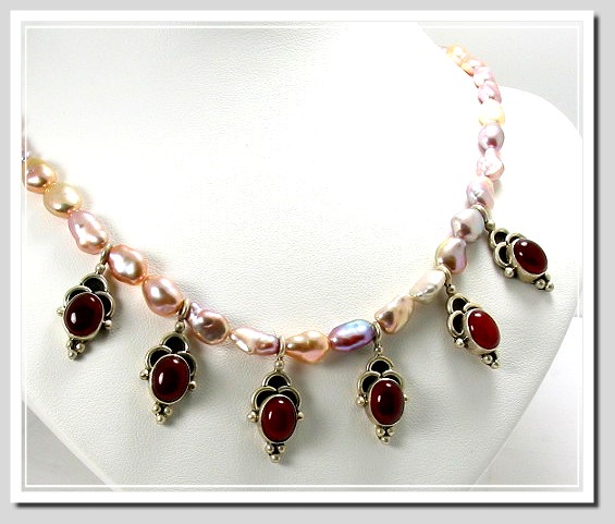 65X7MM Natural Colored Freshwater Pearl & Red Carnelian Stone Charm Necklace 17in. Silver