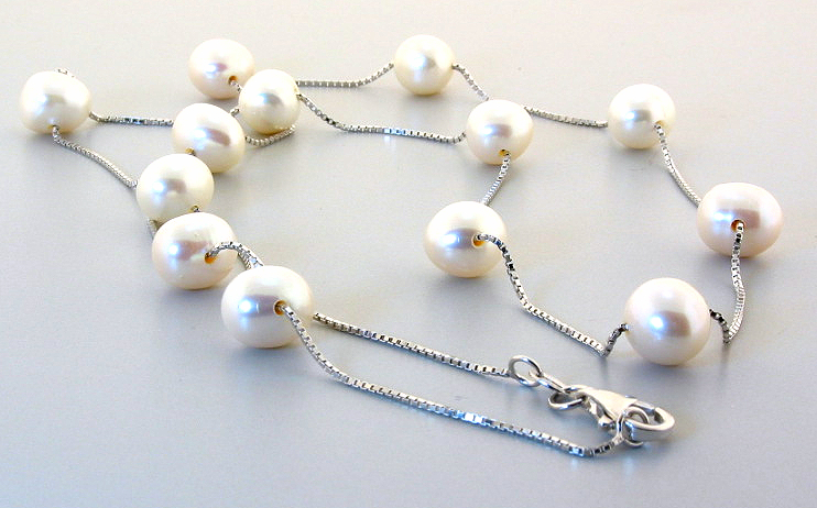 8X9MM White Freshwater Pearl Tin Cup Necklace, Silver, 24in