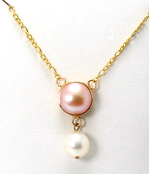 7.9MM - 9.6MM White & Pink Freshwater Pearl Neckace 14K Gold 16+1in